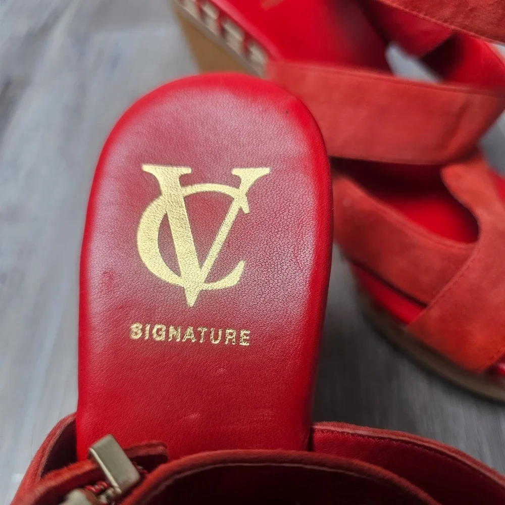 VC Signature Lene Wedge Sandals Women 8.5 Red Suede Wood Platform 70s Boho